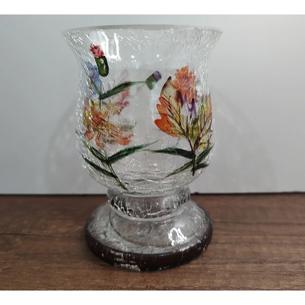 Crackle Glass Votive Candle Holder Hand Painted Flowers Spring Summer Home Decor